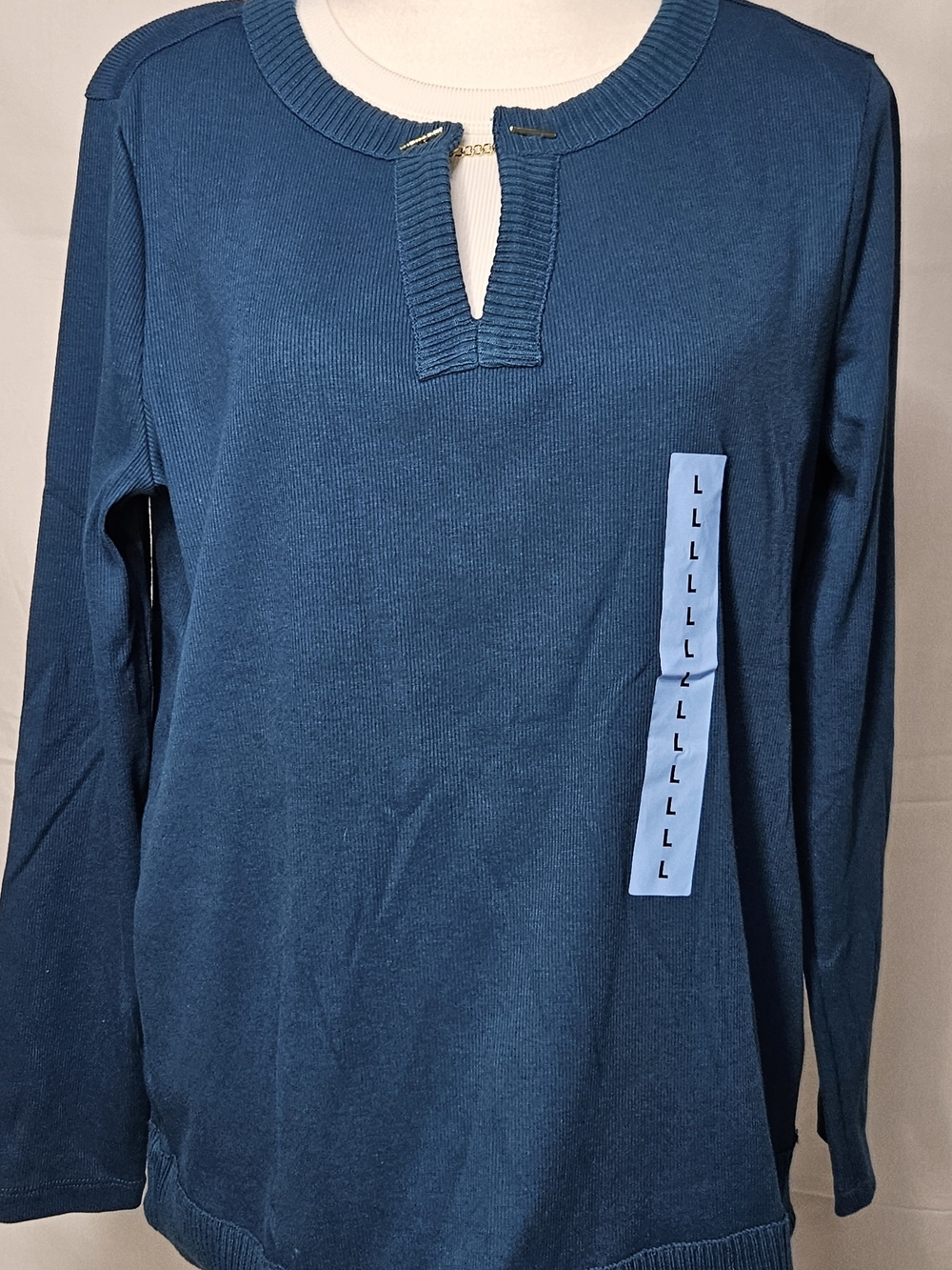 Rafaella Teal-Blue Long-Sleeve Knit Top with Keyhole Neck
